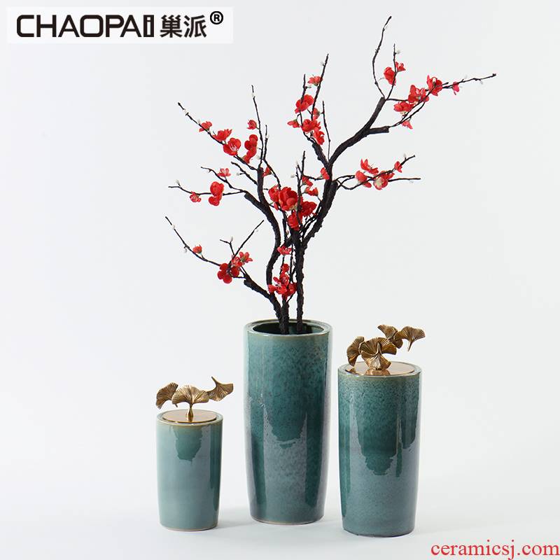 New Chinese style ceramic pot flower vase soft decoration light model room key-2 luxury sales office furnishing articles cover handle ginkgo biloba