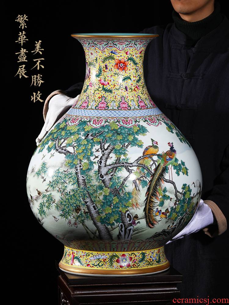 Jingdezhen ceramic vase landing YangShiQi hand - made yellow medallion in pastel birds pay homage to the king okho spring bottle furnishing articles