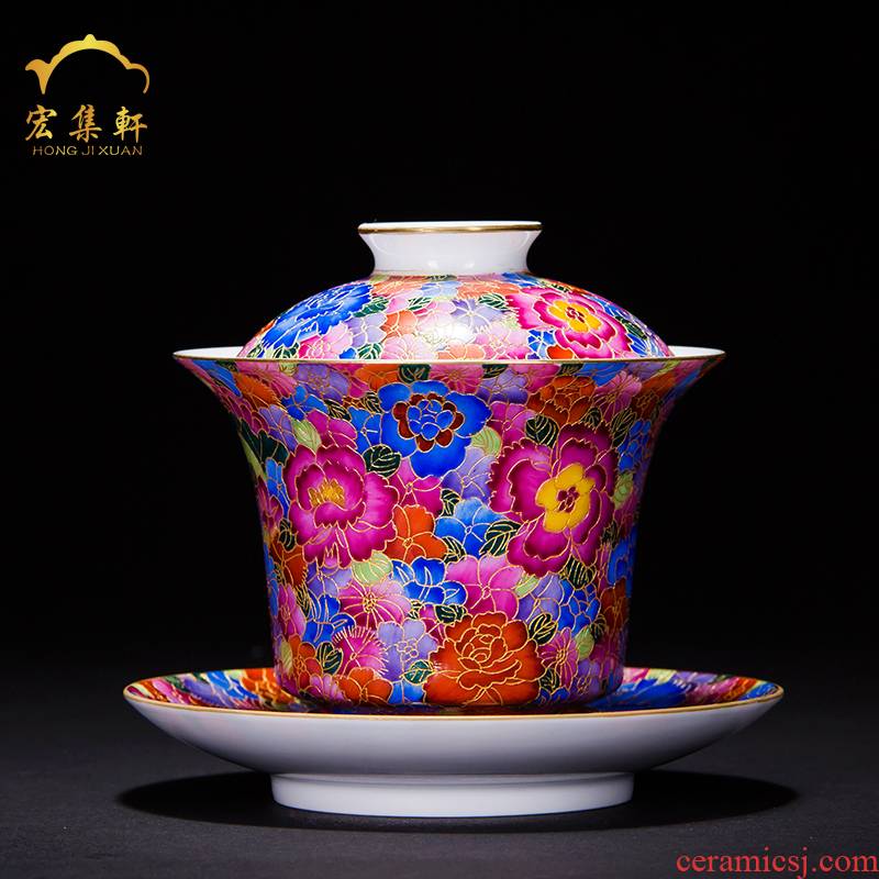 Tureen jingdezhen kung fu tea tea cups color tea bowl wire inlay enamel implement only three cups of tea Tureen