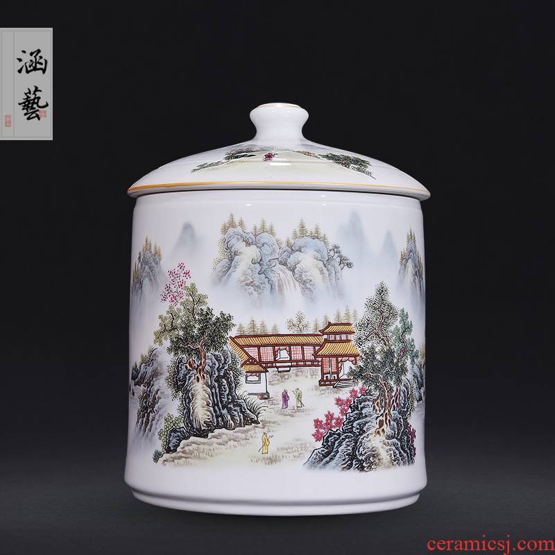 Jingdezhen ceramic famille rose straight canister optimal cabinet the qing ju caddy fixings Chinese style living room home decoration furnishing articles craft gift
