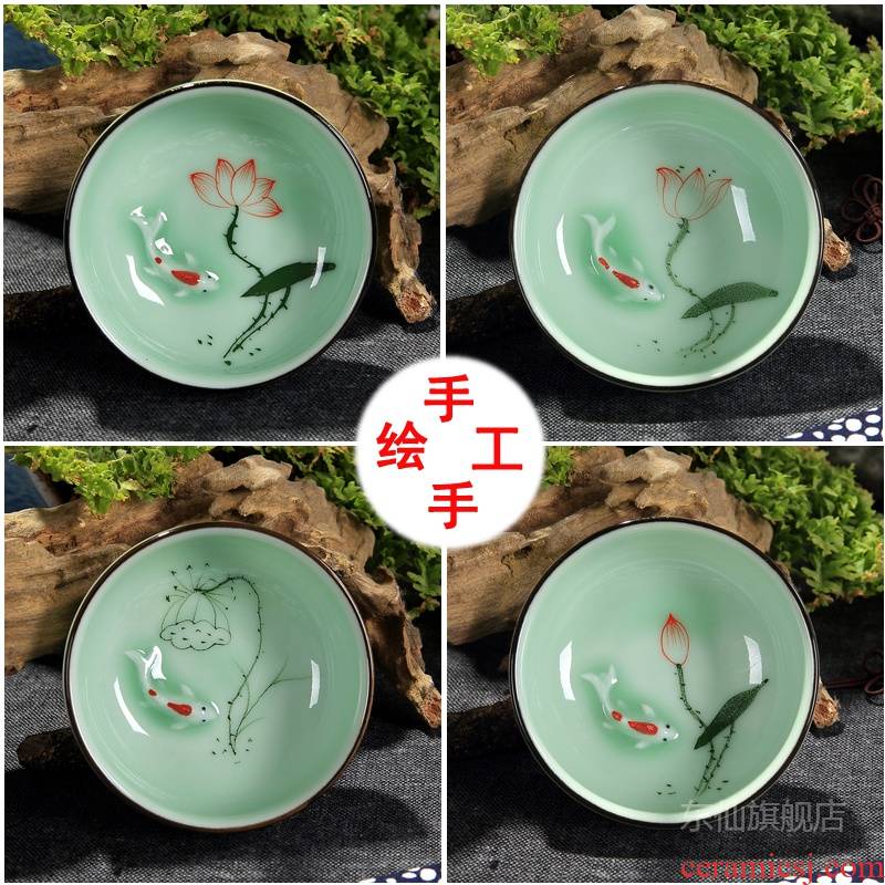 Longquan celadon ceramic hand - made porcelain tea cups carp cup anaglyph Japanese master cup creative tea cups