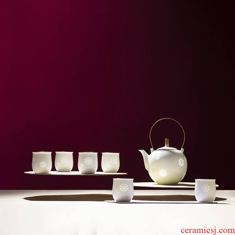 Jade BaiLingLong white porcelain seven stacked kung fu tea set of the sitting room to entertain the teapot tea set a pot of six cups of blue and white, small ball