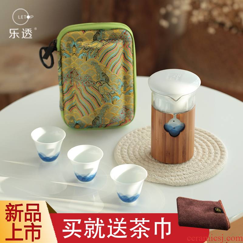 Happy auspicious travel kung fu tea set suit portable charter to their a pot of two cups of is suing with hand - made ceramic crack cup