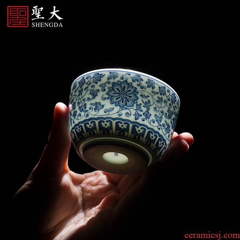 Holy big ceramic kung fu masters cup hand - made of blue and white porcelain cups around branch flowers, lotus - shaped lines cylinder cups of jingdezhen tea service