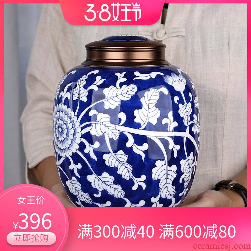 Hand made blue and white porcelain tea pot seal moisture in large number 1 catty household ceramics pu 'er tea storage tanks