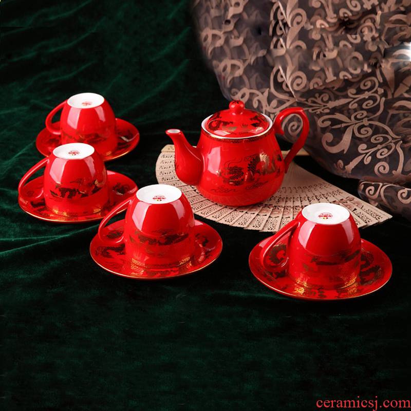 Xiang feels ashamed up Chinese red porcelain tea set flower head nine dragon playing pearl grain supplies wedding wedding gift