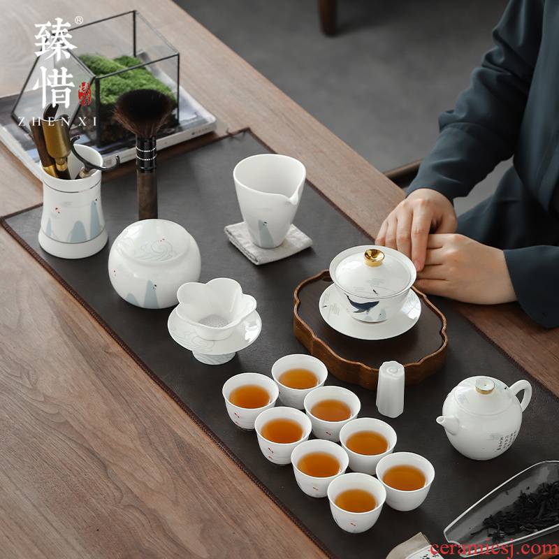 Become precious little north ghost fish huai white porcelain set of kung fu tea set household paint GaiWanCha cup teapot gifts