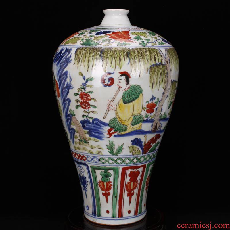 Jingdezhen antique antique imitation yuan pure manual bucket color colorful eight immortals person name plum bottle after Chinese ancient furnishing articles
