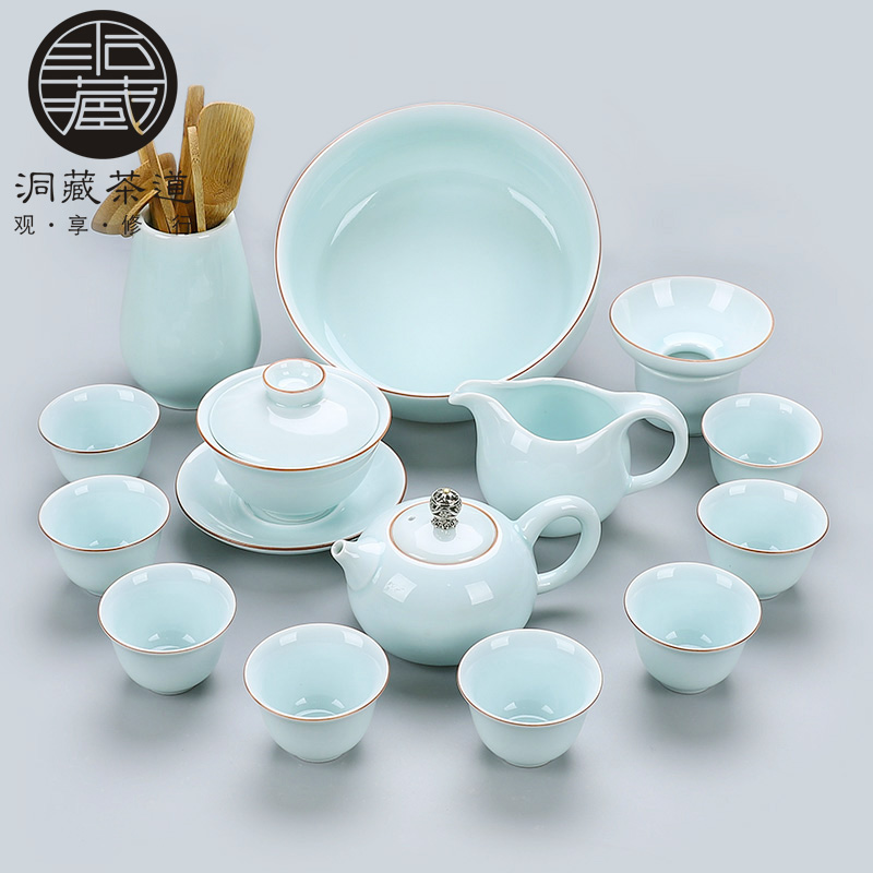 In floor white porcelain kung fu tea tureen teapot teacup household shadow of a complete set of green fat white ceramic tea set