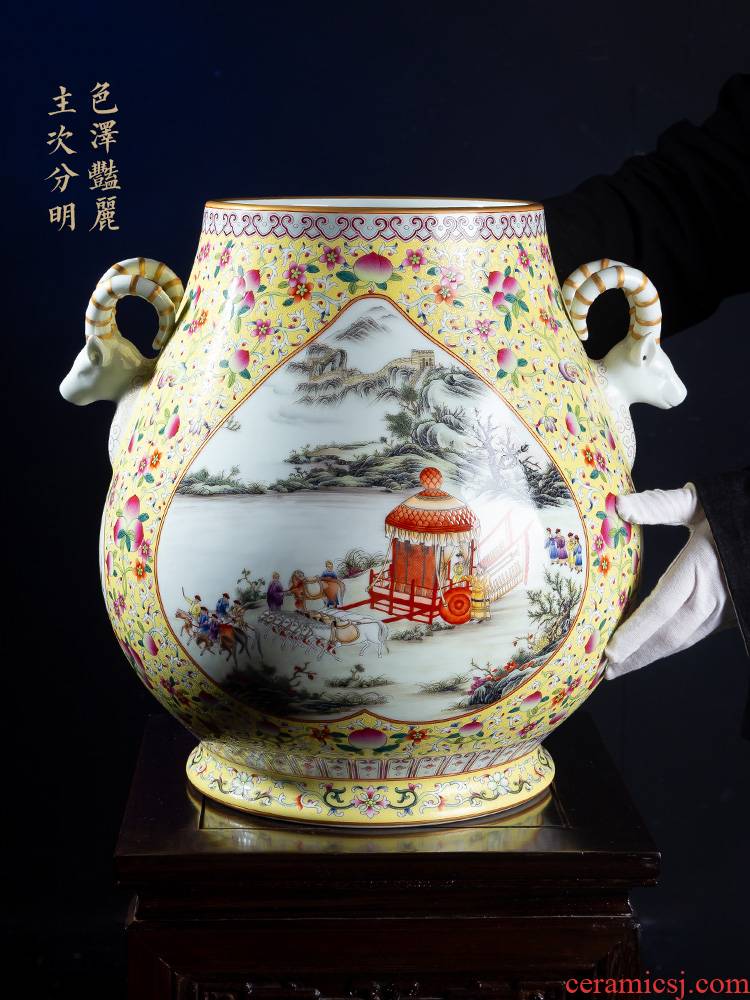 Jia lage jingdezhen ceramic vase YangShiQi court enamel and name of branch window character landscape sheep statute