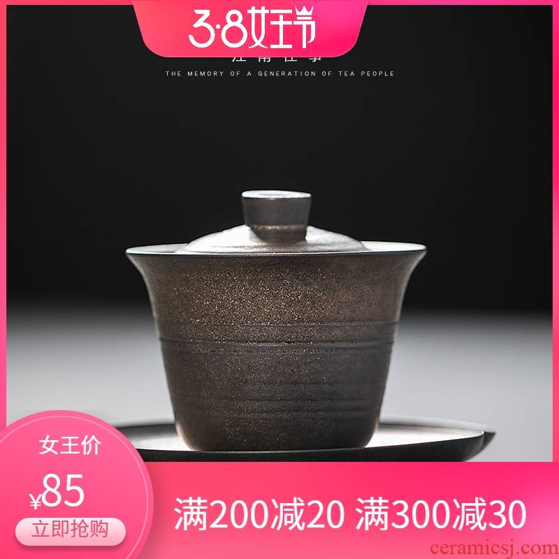 Jiangnan past checking ceramic tureen large iron glaze tea bowl three cups cup creative kung fu tea set home