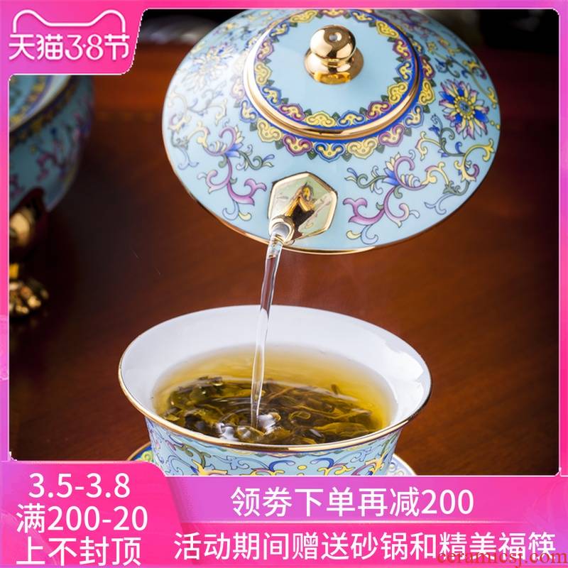 Jingdezhen colored enamel tea set ceramic gift box office kung fu tea tea cup with lid to use