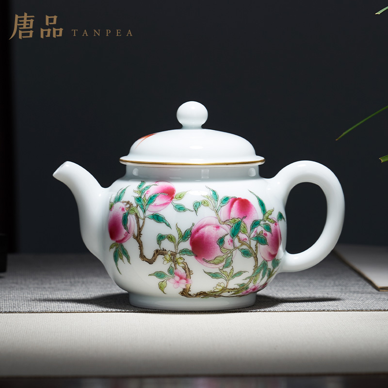 Tang Pin peach jingdezhen enamel teapot pastel peach bats teapot kung fu tea set large single pot of gifts