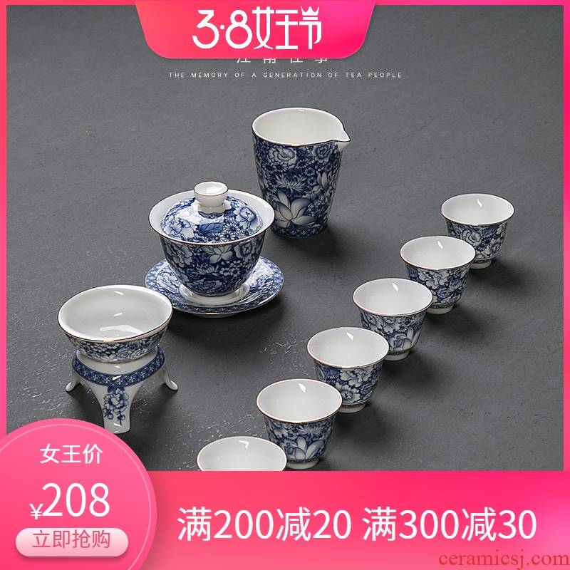 Jiangnan past five emperors currency white porcelain tureen tea set suet jade cup grain ceramic kung fu tea set home