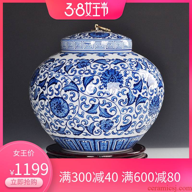 Blue and white porcelain painting large ceramic tea urn warehouse pu - erh tea caddy fixings craft home store POTS of jingdezhen
