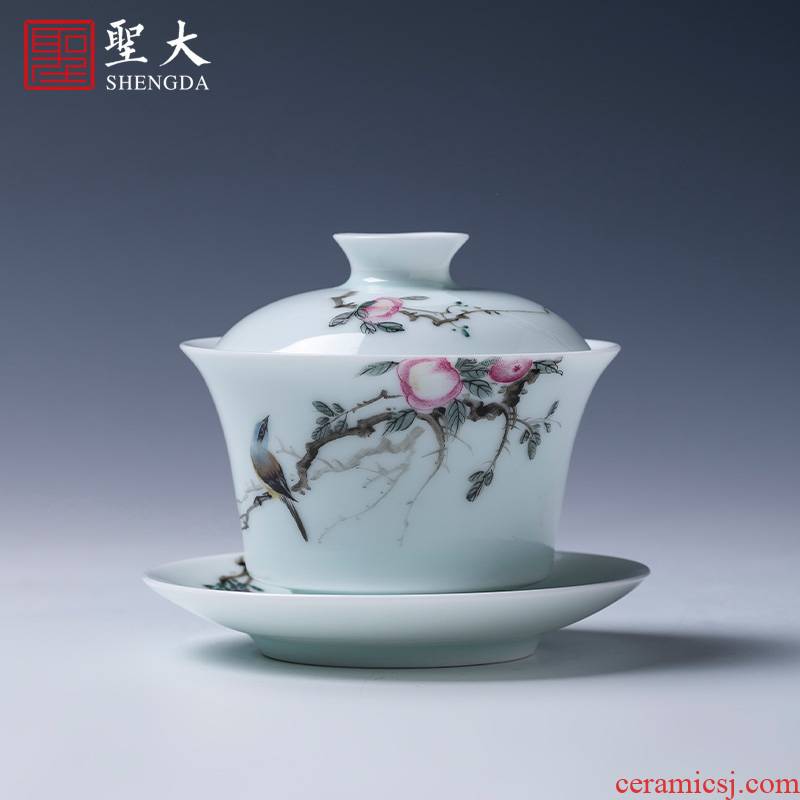 St large ceramic three new color prunus persica tureen teacups hand - made spring birds make tea bowl of jingdezhen kung fu tea set by hand
