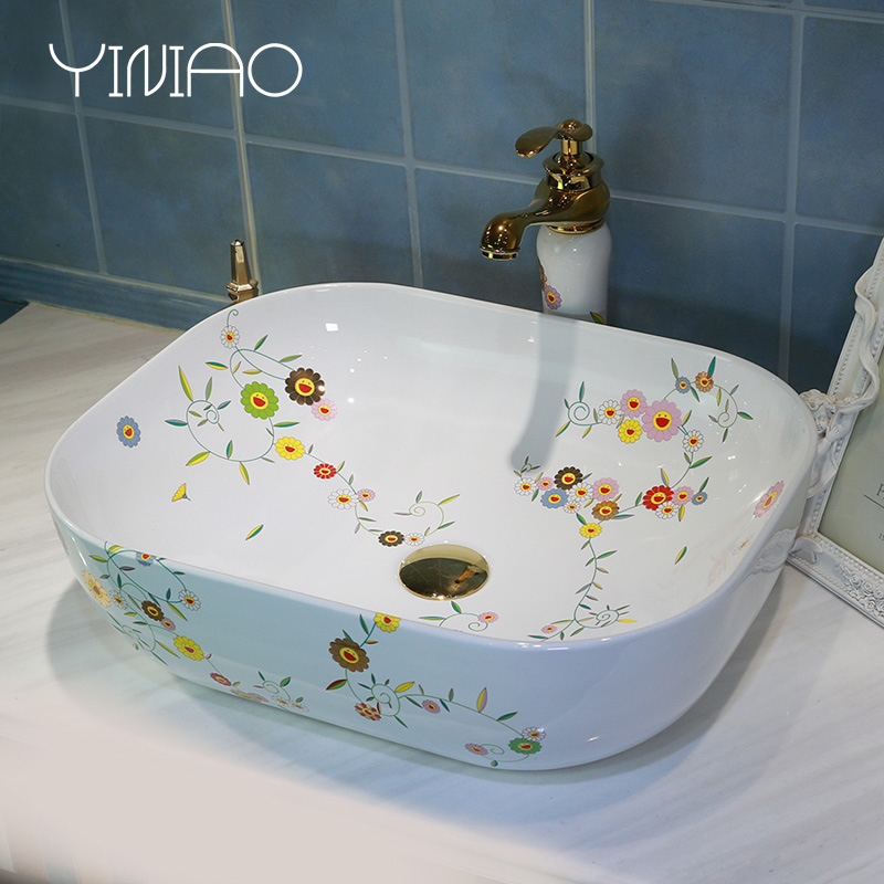 Ceramic art basin on its square Europe type lavatory toilet lavabo, marble platform basin oval