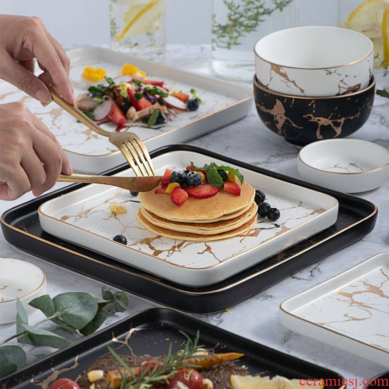 Creative ceramic plate household food dish flat rectangular plate of black beefsteak up phnom penh dish tableware portfolio