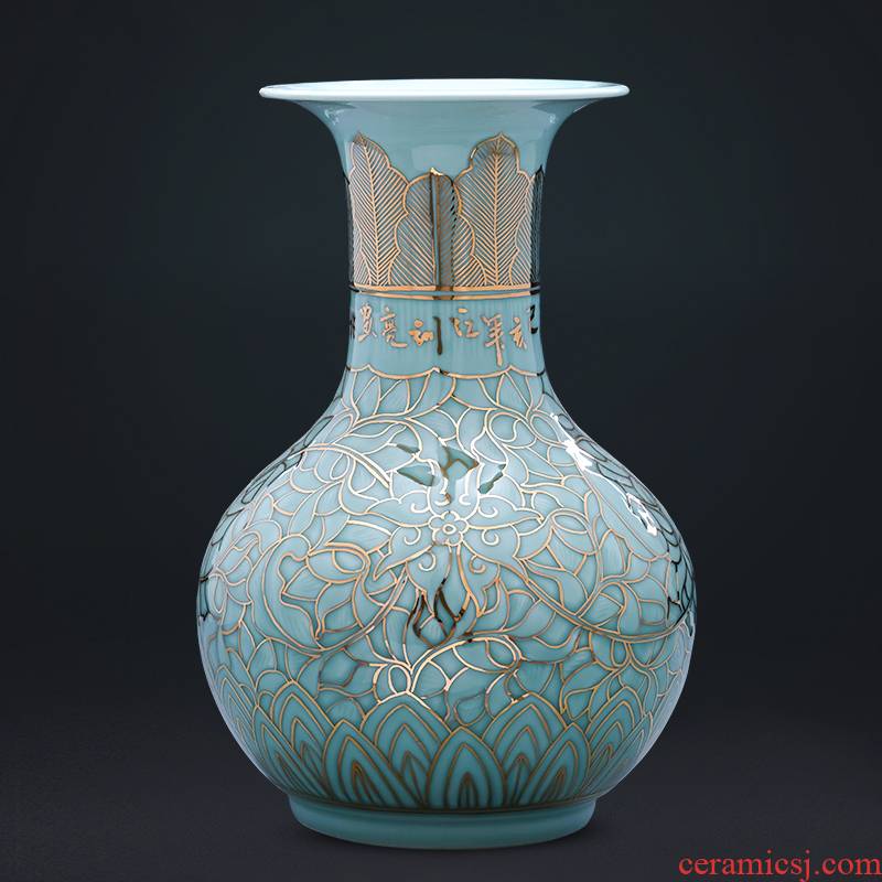 Jingdezhen ceramics vase high - grade hand - made paint shadow carving masters green sitting room adornment of Chinese style household furnishing articles