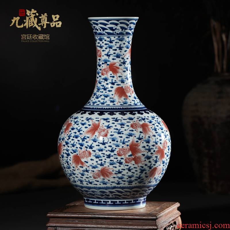 Jingdezhen ceramics imitation the qing qianlong blue - and - white youligong red fish grass flat bottles of new Chinese style sitting room adornment is placed