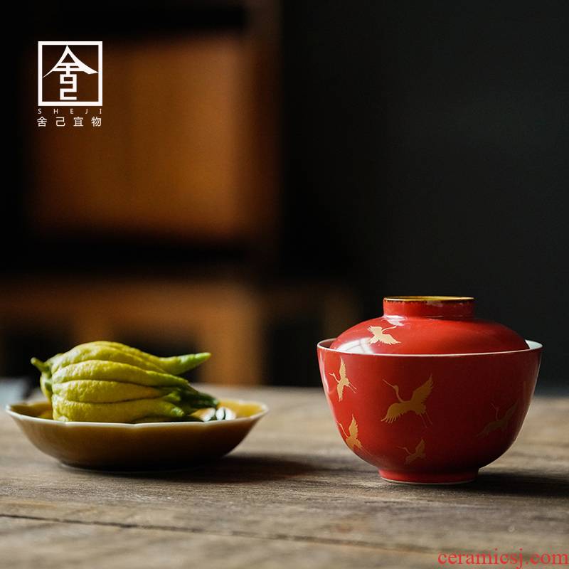 Jingdezhen gold crane, coral red tureen tea bowl is a single pure manual GaiWanCha tea set to restore ancient ways in the tureen
