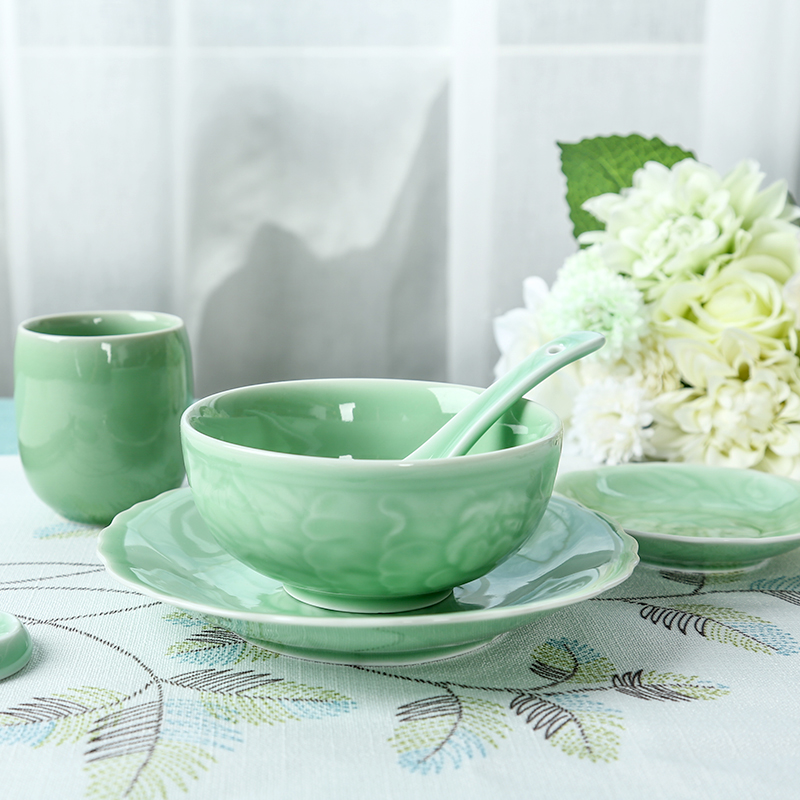 Longquan celadon bowls of creative household ceramics single use peony hotel restaurant dishes teaspoons of tableware in combined packages
