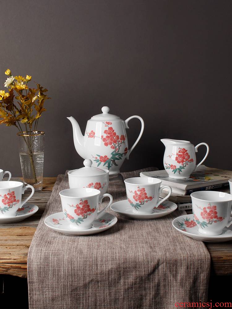 China red porcelain up the name plum and the bamboo with 15 head spring coffee set under the liling porcelain glaze colorful hand - drawn cups and saucers pot of tea