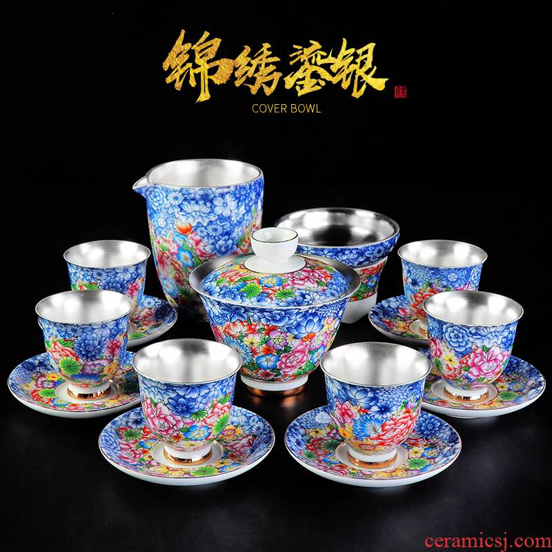 Jingdezhen blue and white porcelain kung fu tea set manually coppering. As silver tureen of a complete set of 999 sterling silver, silver tea set