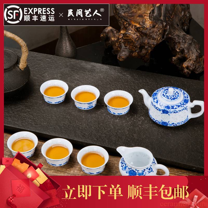 Jingdezhen blue and white and exquisite ceramic tea set a complete set of hand - made of ceramic fair kung fu tea cup teapot suit