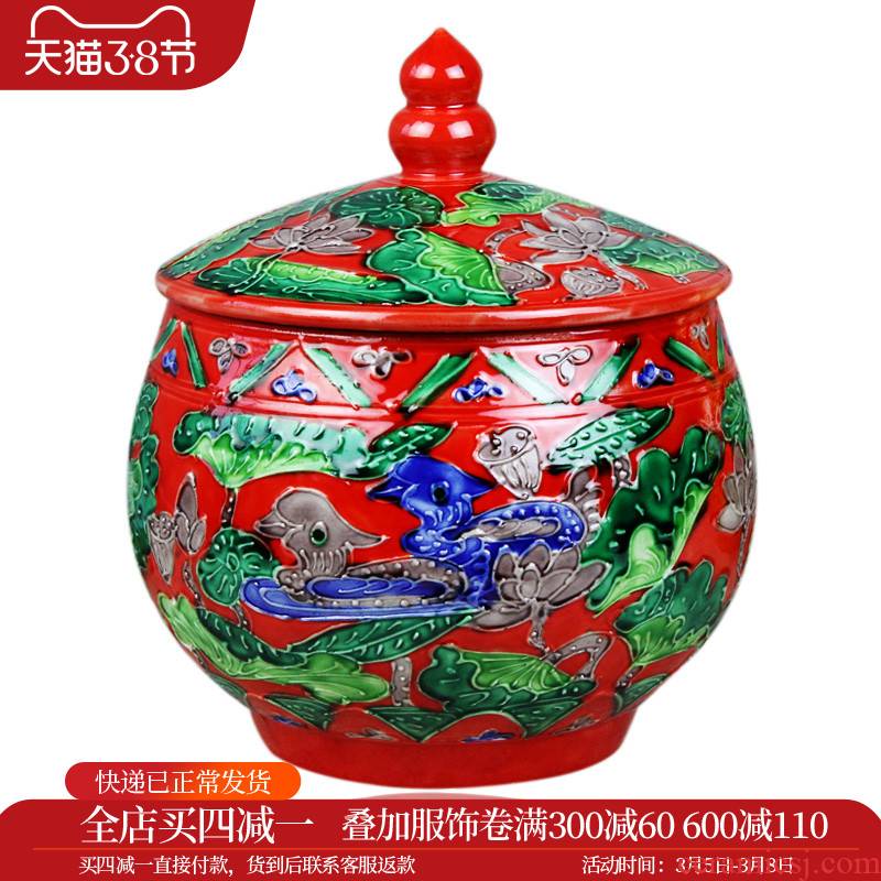 Cj7 merry jingdezhen ceramic Chinese red yuanyang anaglyph caddy fixings jar storage tank of handicraft