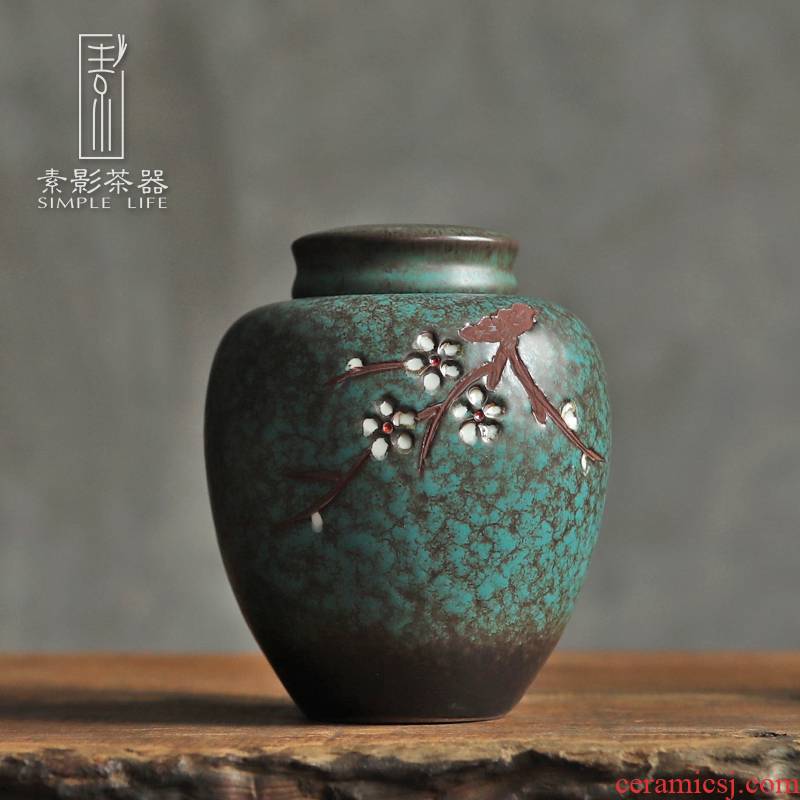 Restoring ancient ways, shadow coarse pottery tea caddy fixings hand - made name plum flower pot seal warehouse small manual receive tea storage tanks