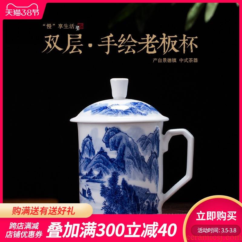 Is rhyme of jingdezhen ceramic cups office boss make tea cup under the hand - made porcelain glaze color double male new cup