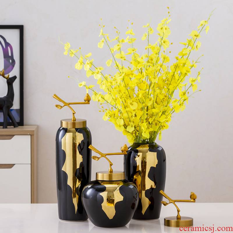 Light European - style key-2 luxury furnishing articles ceramic vase sitting room dried flowers flower arrangement of new Chinese style household act the role ofing is tasted with copper table decoration