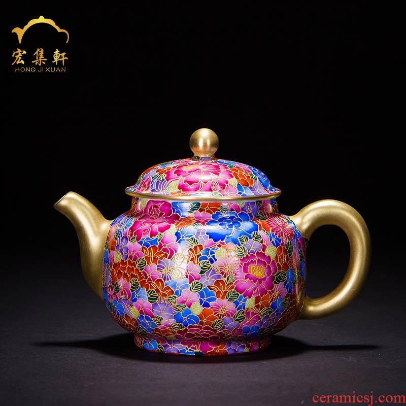 Jingdezhen all hand kunfu tea teapot tea set ceramic wire inlay enamel see colour flower tea gold little teapot