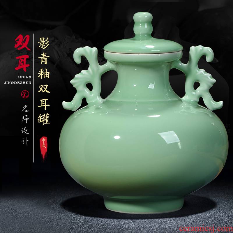 Jingdezhen ceramics craft archaize shadow blue glaze ears storage tank with cover of new Chinese style household adornment furnishing articles