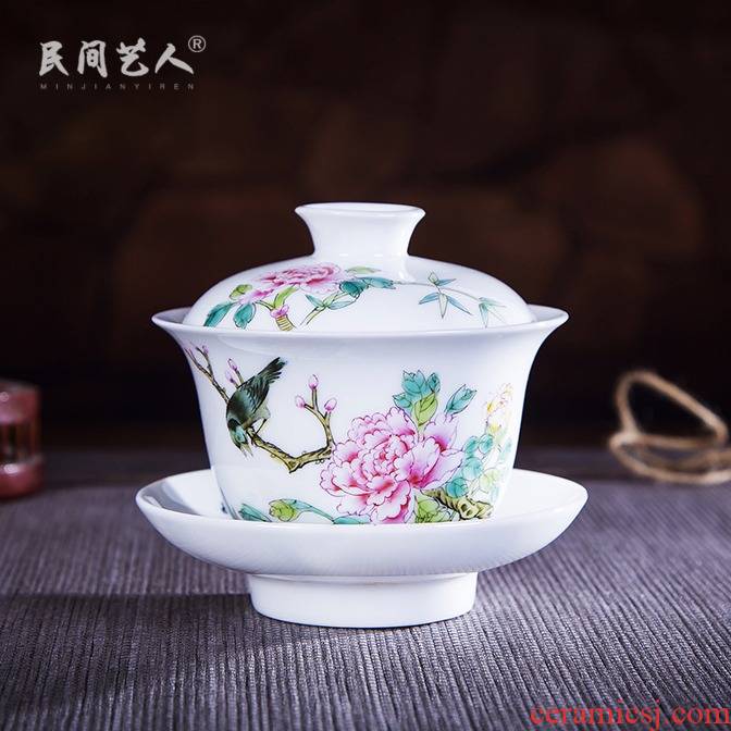 Jingdezhen ceramic hand - made pastel tureen kung fu tea set three cups to use hand catch bowl of tea to tea cups