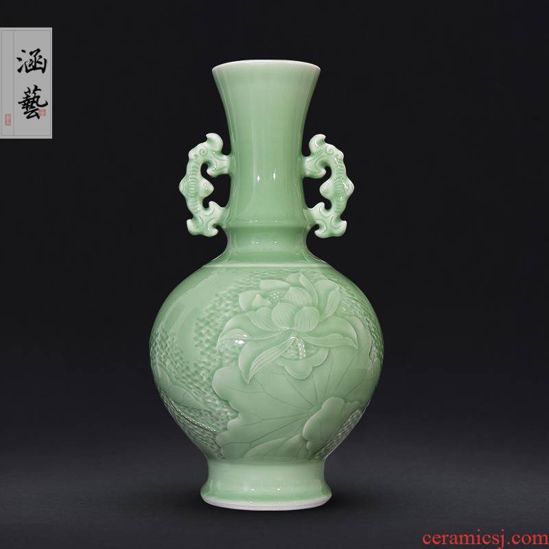 Jingdezhen ceramic film green ears bottle of new Chinese style carved lotus sitting room porch place flower decoration