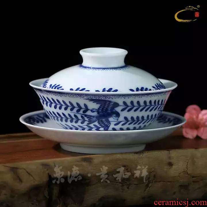 Jing DE and auspicious cup of jingdezhen blue and white only three bowl of tea bowl of blue and white pure manual four seasons changchun tureen