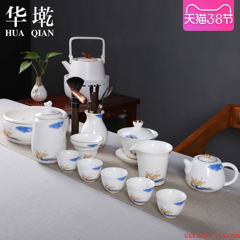 China Qian dehua white porcelain ceramic tea set manually suit household kung fu tea tea hand made blue and white porcelain teapot