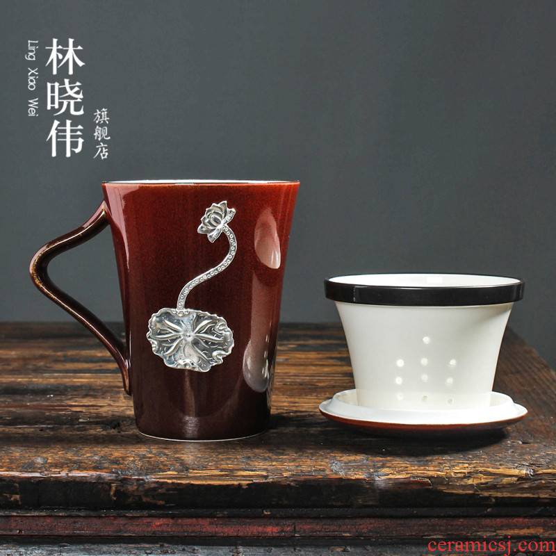 Ceramic kung fu tea cups bladder with cover glass office master cup inlaid sterling silver cup home