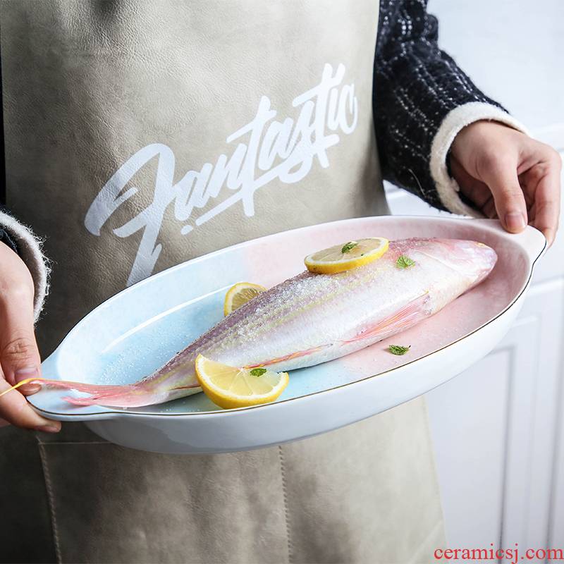 Ins web celebrity steamed fish dishes home new rectangle large creative Nordic light dishes ceramic dish of key-2 luxury