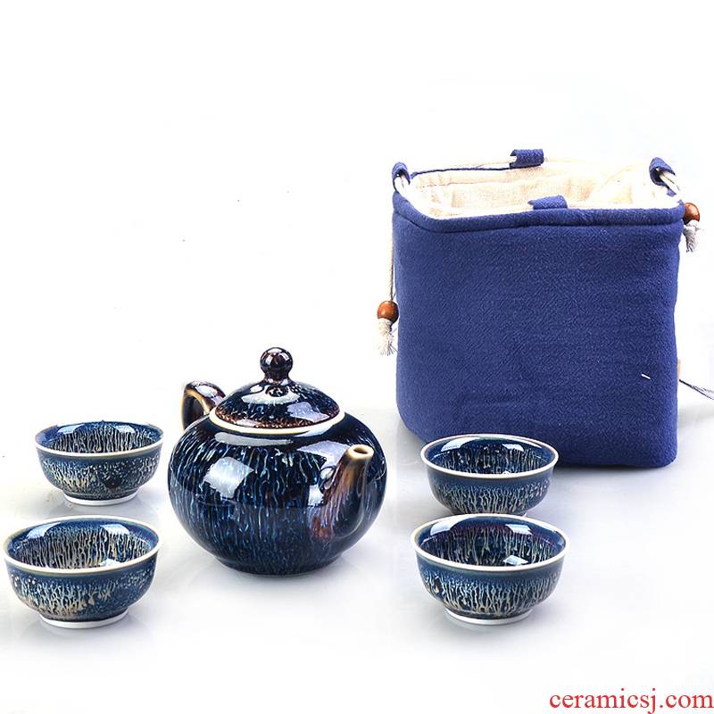 Travel ceramic tea set office tea ware fambe crack cup a pot of red glaze, portable tea set four cups of Travel