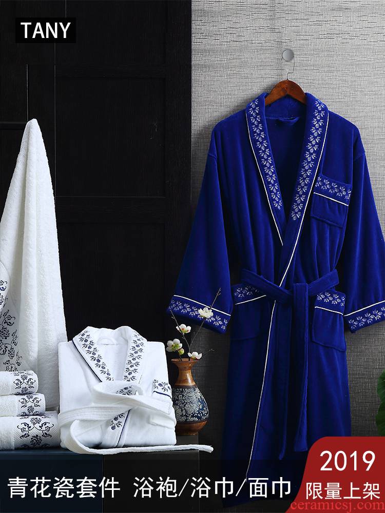 Blue and white porcelain cotton bathrobe bath towel towel material suite robe bathrobe cotton 2019 limited launched couples men and women