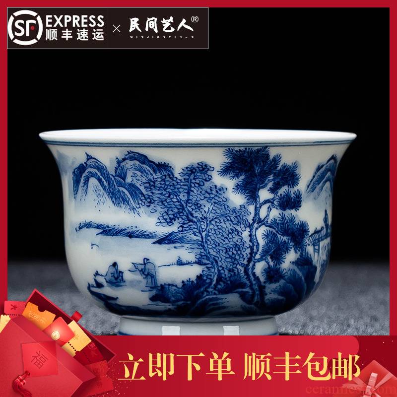 Jingdezhen blue and white landscape kung fu tea set sample tea cup pure manual hand - made ceramic personal single CPU master cup tea cups