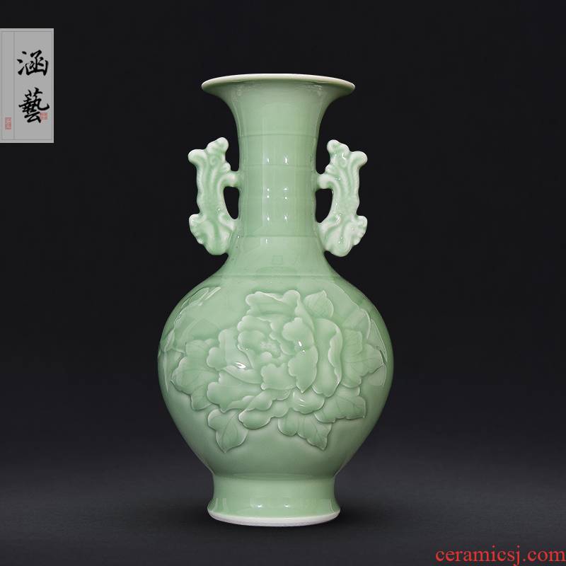 Shadow of jingdezhen ceramics green ears peony vases, new Chinese style flower arrangement sitting room decoration carving furnishing articles of handicraft