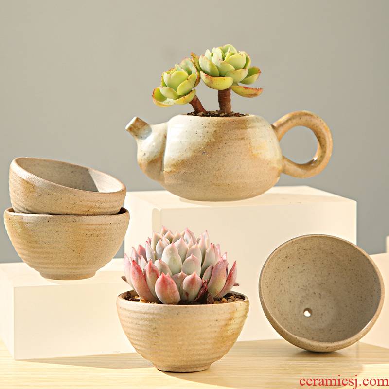 Jingdezhen Korean hand - made fleshy flower POTS, large diameter size and old running of creative move coarse pottery basin of breathable, fleshy