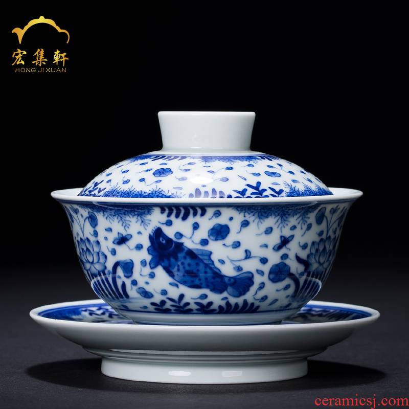 Fish and algae grain tureen hand archaize tureen of blue and white porcelain of jingdezhen ceramic tea set three cups to tureen tea bowls