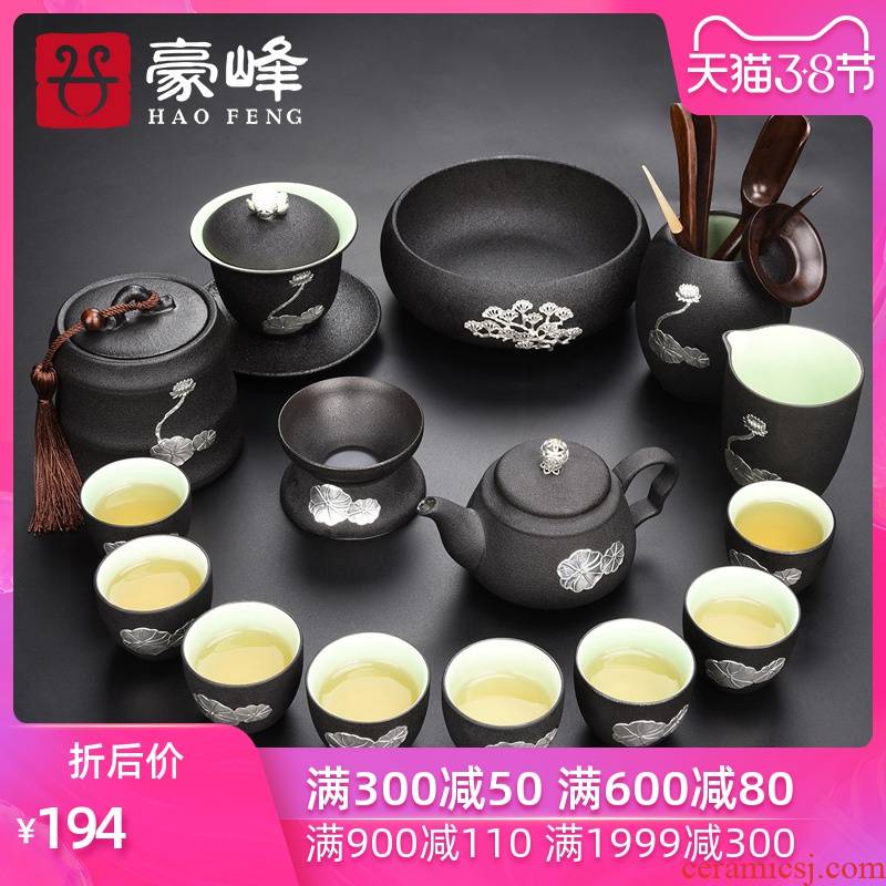 HaoFeng kung fu tea set suit household lid bowl cups of black tea tea six gentleman ceramic teapot