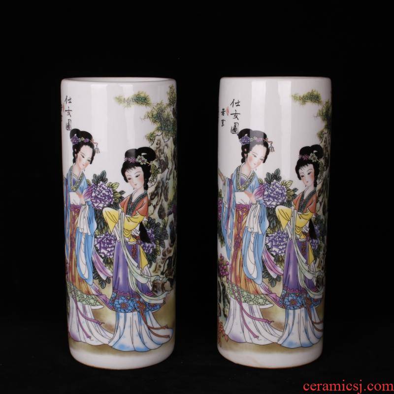 Jingdezhen pastel had ancient costume beauty ceramic cap tube quiver when drawing tube Chinese wind household adornment furnishing articles