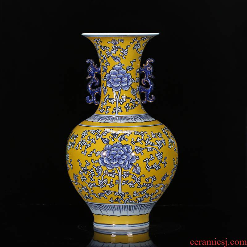 Jingdezhen chinaware paint hand - made yellow antique Chinese blue and white porcelain vase to the sitting room TV cabinet decorative furnishing articles